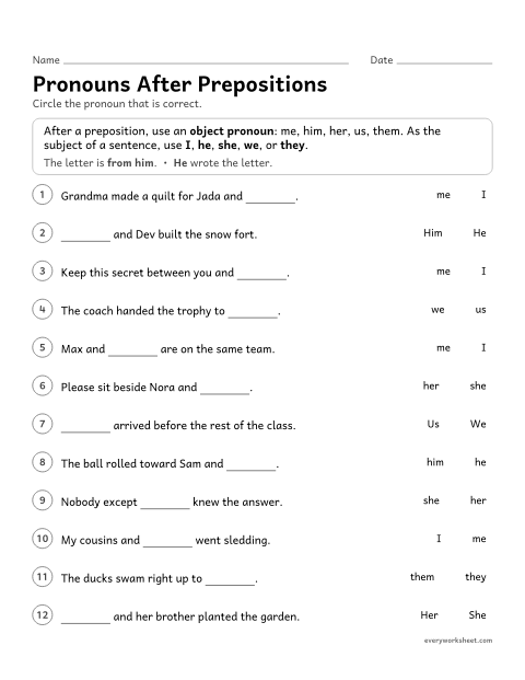 Preview of the printable “Pronouns after prepositions” worksheet: using object pronouns (me, him, her, us, them) as the object of a preposition