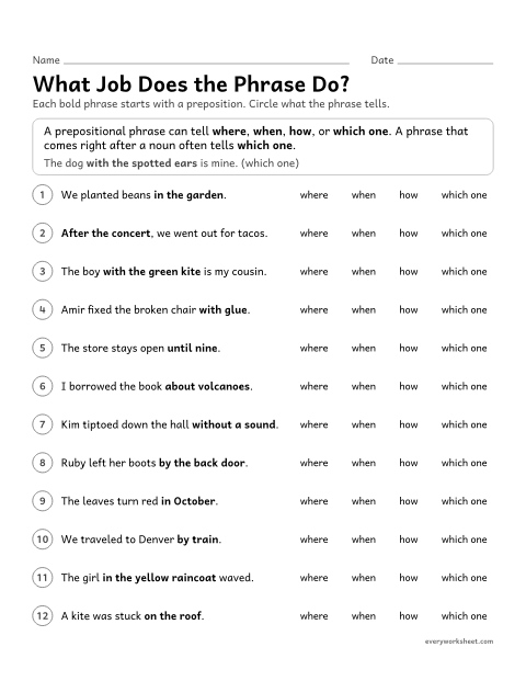 Preview of the printable “What job does the phrase Do?” worksheet: explaining the job of a prepositional phrase in a sentence