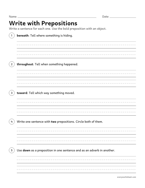Preview of the printable “Write with prepositions” worksheet: writing sentences with prepositions that tell place, time, direction, and how