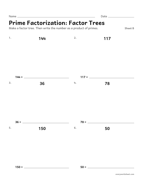 Preview of the printable “Prime Factorization: factor Trees, sheet B” worksheet: writing the prime factorization of a number