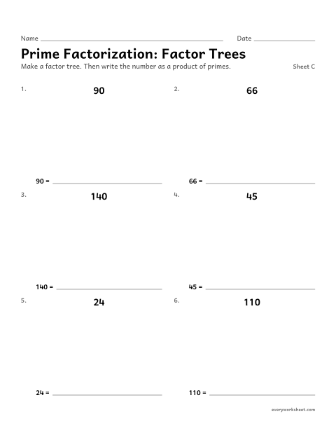 Preview of the printable “Prime Factorization: factor Trees, sheet C” worksheet: writing the prime factorization of a number
