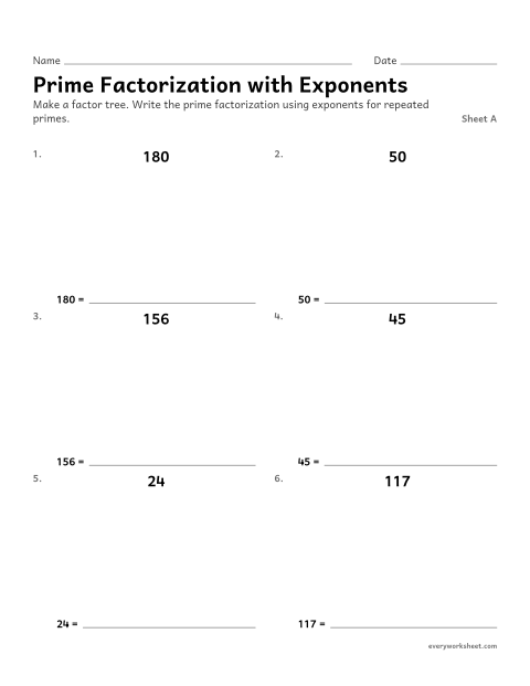 Preview of the printable “Prime factorization with Exponents, sheet A” worksheet: writing prime factorizations with exponents