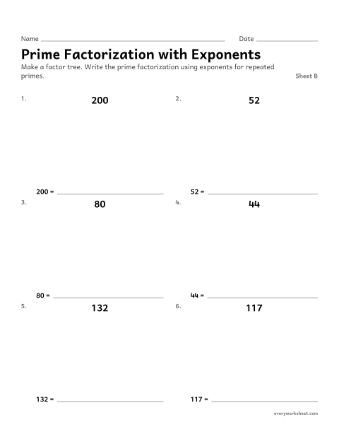 Preview of the printable “Prime factorization with Exponents, sheet B” worksheet: writing prime factorizations with exponents