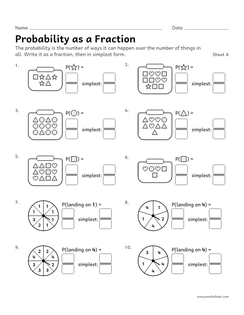 Preview of the printable “Probability as a Fraction, sheet A” worksheet: writing the chance of an event as a fraction in simplest form