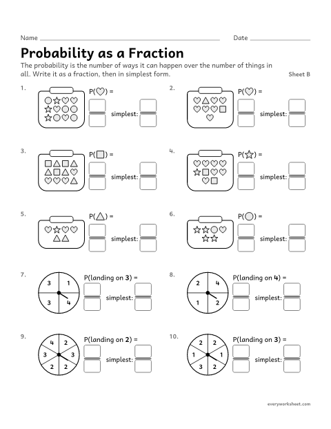 Preview of the printable “Probability as a Fraction, sheet B” worksheet: writing the chance of an event as a fraction in simplest form