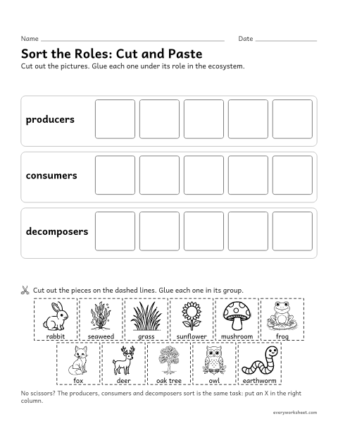 Preview of the printable “Producers, consumers and decomposers cut and paste” worksheet: classifying organisms as producers, consumers or decomposers