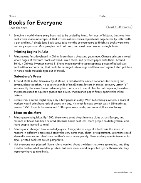 Preview of the printable “Books for everyone” worksheet: explaining the causes and effects that connect events in a history text