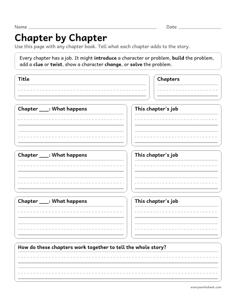 Preview of the printable “Chapter by chapter” worksheet: explaining how a series of chapters fits together to give the overall structure of any story