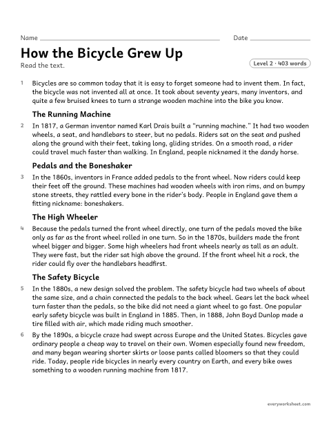 Preview of the printable “How the bicycle grew up” worksheet: quoting accurately from a history text to explain how and why an invention changed