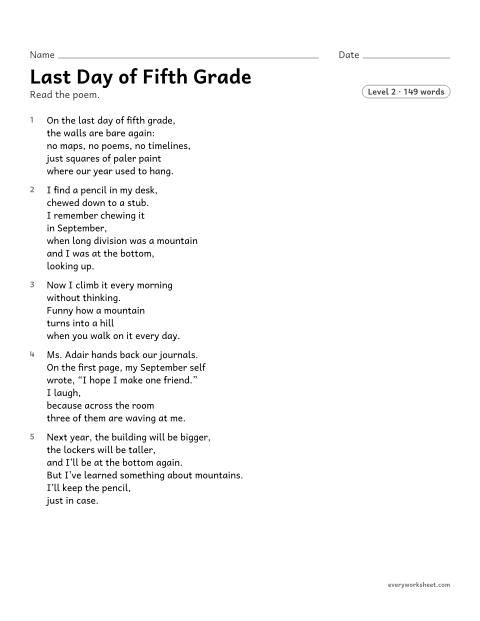 Preview of the printable “Last day of fifth grade” worksheet: finding the theme of a poem from how the speaker reflects on a topic