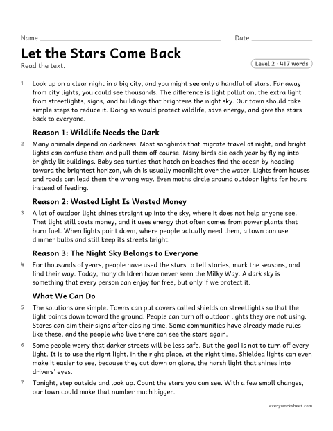 Preview of the printable “Let the stars come back” worksheet: explaining how an author uses reasons and evidence to support each point in an argument