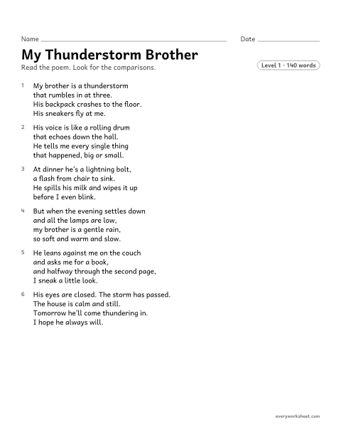 Preview of the printable “My thunderstorm brother” worksheet: explaining what metaphors and similes mean in a poem
