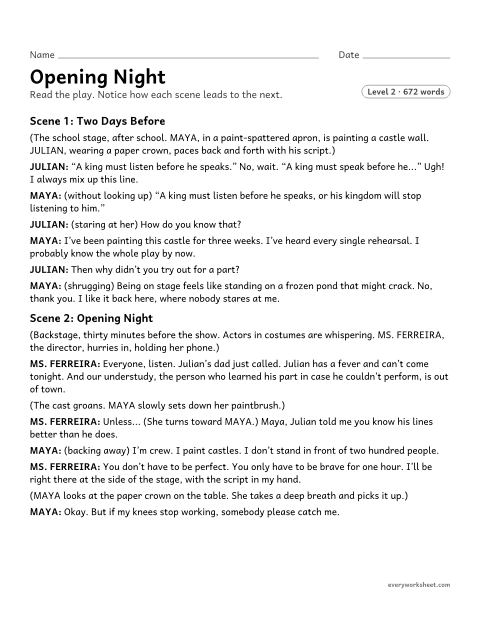 Preview of the printable “Opening night” worksheet: explaining how the scenes of a play fit together to tell the whole story
