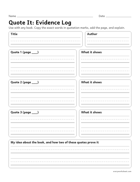 Preview of the printable “Quote It: evidence log” worksheet: quoting accurately from any text to support ideas and inferences