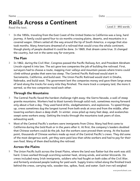 Preview of the printable “Rails across a continent” worksheet: finding two or more main ideas in a history text and summarizing it with key details