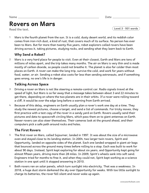Preview of the printable “Rovers on mars” worksheet: explaining the relationships between problems, ideas, and inventions in a science text