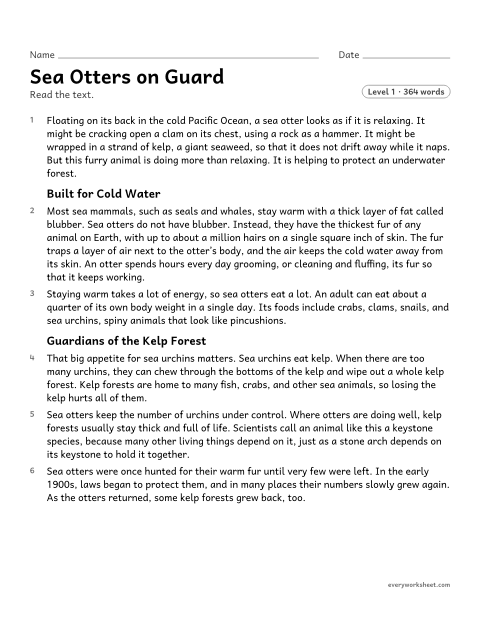 Preview of the printable “Sea otters on guard” worksheet: finding two main ideas in a science text and the key details that support each one