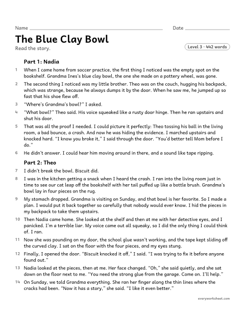 Preview of the printable “The blue clay bowl” worksheet: describing how each narrator's point of view shapes how the same events are told