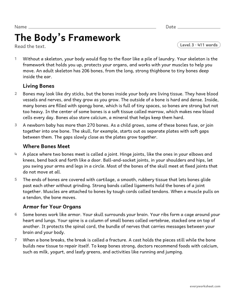 Preview of the printable “The Body's framework” worksheet: working out the meanings of science words about the skeleton, using context and definitions in the text