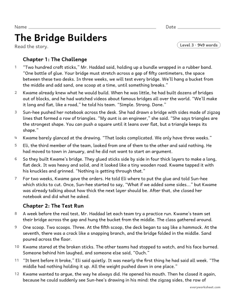 Preview of the printable “The bridge builders” worksheet: finding the theme of a chapter story from how characters respond to a challenge, and how the chapters build it