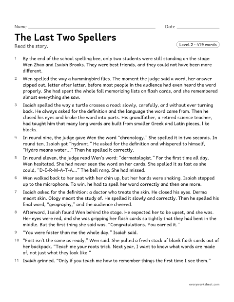 Preview of the printable “The last two spellers” worksheet: comparing and contrasting two characters, using specific details from the story