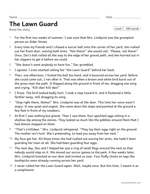 Preview of the printable “The lawn guard” worksheet: quoting accurately from a story to explain what happens and to make inferences