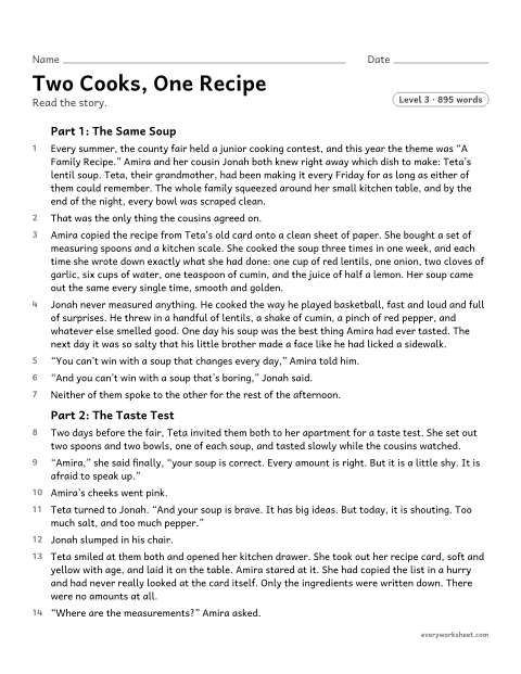 Preview of the printable “Two Cooks, one recipe” worksheet: comparing and contrasting two characters in a chapter story, using specific details from the text