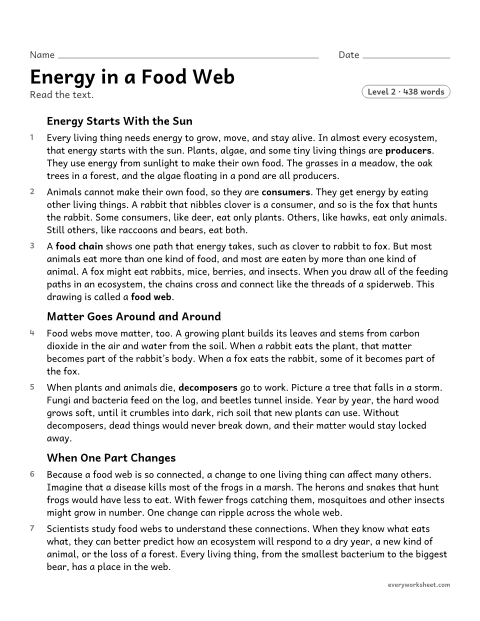 Preview of the printable “Energy in a food web” worksheet: determining two main ideas of a text about food webs, explaining the key details that support them, and summarizing