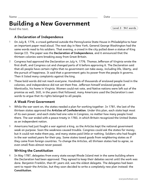 Preview of the printable “Building a new government” worksheet: determining the main ideas of a longer history text about the Declaration of Independence, the Constitution, and the Bill of Rights, and summarizing it