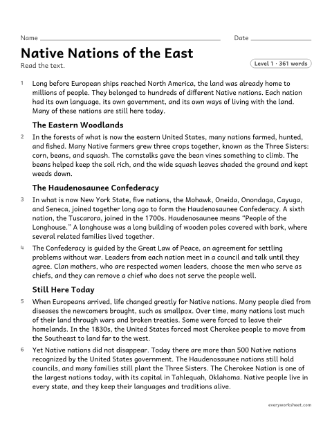 Preview of the printable “Native nations of the east” worksheet: determining two main ideas of a text about Native nations of the Eastern Woodlands, past and present, and the details that support them