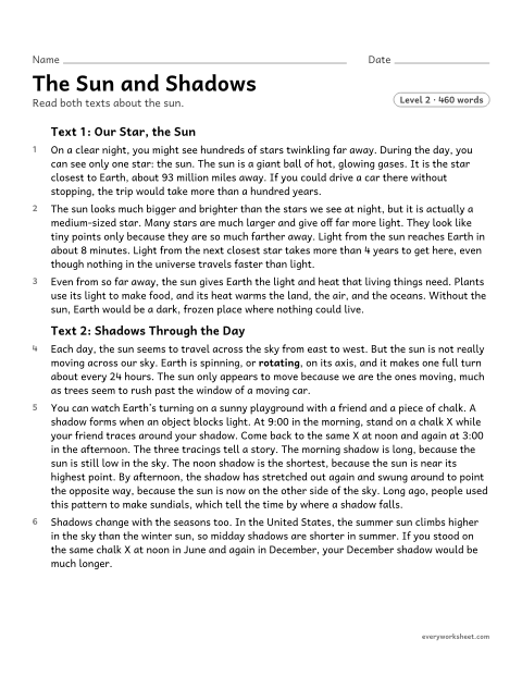 Preview of the printable “The sun and shadows” worksheet: integrating information from two science texts to explain why shadows change during the day and across the seasons