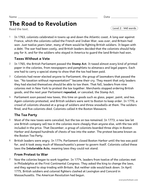 Preview of the printable “The road to revolution” worksheet: explaining how a chain of events, from new taxes to the fighting at Lexington and Concord, led to the American Revolution