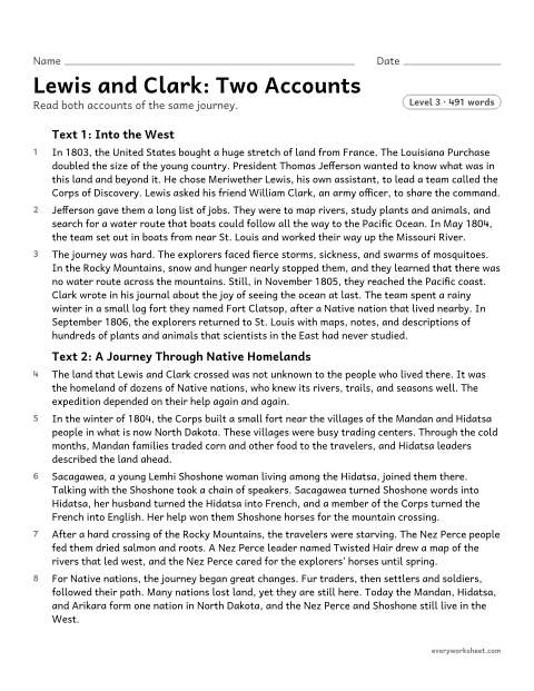 Preview of the printable “Lewis and Clark: two accounts” worksheet: analyzing two accounts of the Lewis and Clark expedition and the different points of view they represent