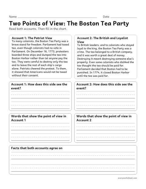 Preview of the printable “Two points of View: the boston tea party” worksheet: comparing two accounts of the Boston Tea Party and the different points of view they represent