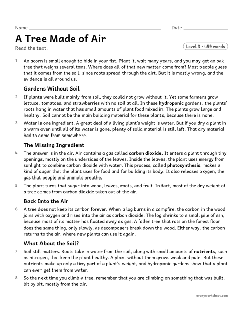 Preview of the printable “A tree made of air” worksheet: explaining how an author uses evidence to support the point that plants get most of their matter from air and water