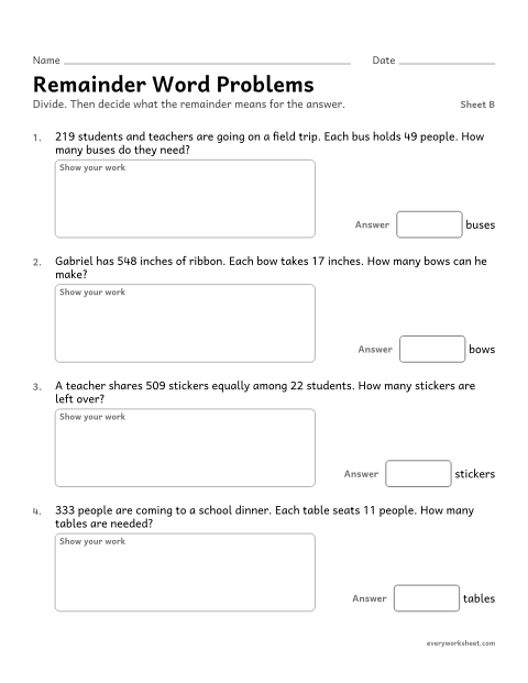 Preview of the printable “Remainder word Problems, sheet B” worksheet: interpreting remainders in word problems
