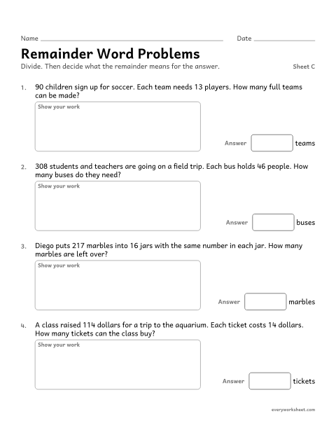Preview of the printable “Remainder word Problems, sheet C” worksheet: interpreting remainders in word problems