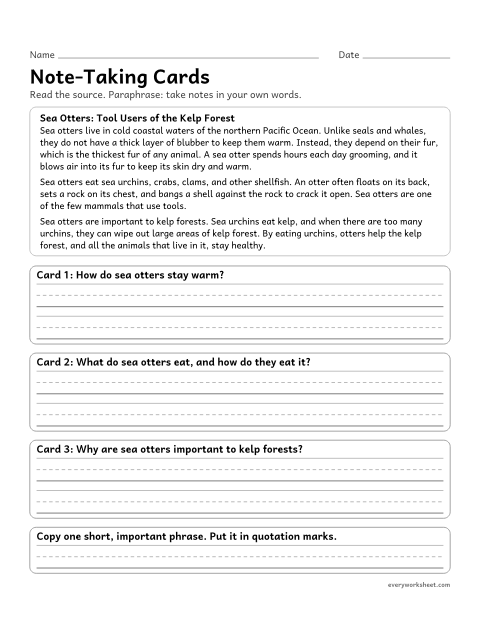 Preview of the printable “Note-Taking cards” worksheet: paraphrasing information from a source in notes and recording the source