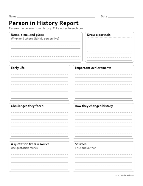 Preview of the printable “Person in history report” worksheet: researching a person from history and organizing notes about their life, achievements, and impact