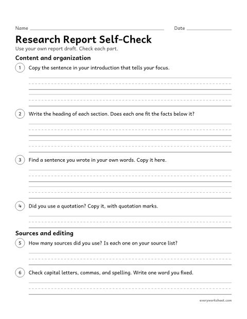 Preview of the printable “Research report Self-Check” worksheet: revising and editing a research report draft with a checklist