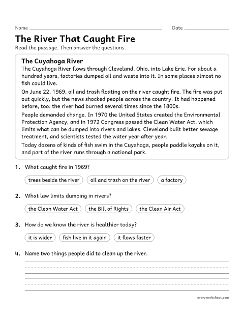 Preview of the printable “The river that caught Fire: pollution reading passage” worksheet: describing how a community used science and laws to clean up a polluted river