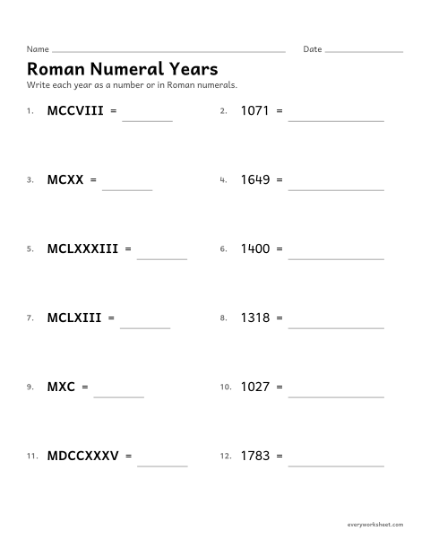 Preview of the printable “Roman numeral years” worksheet: reading and writing years from 1000 to 2099 in Roman numerals