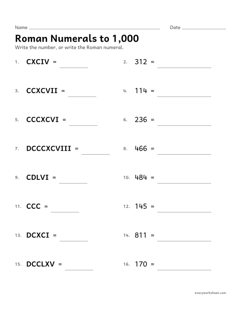 Preview of the printable “Roman numerals to 1,000” worksheet: converting between numbers and Roman numerals up to 1,000