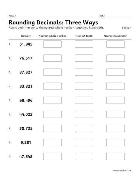 Preview of the printable “Rounding Decimals: three Ways, sheet A” worksheet: rounding decimals to any place