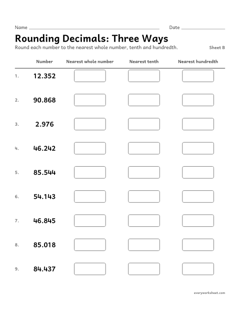 Preview of the printable “Rounding Decimals: three Ways, sheet B” worksheet: rounding decimals to any place