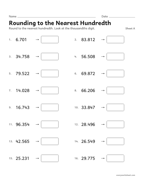 Preview of the printable “Rounding to the nearest Hundredth, sheet A” worksheet: rounding decimals to the nearest hundredth