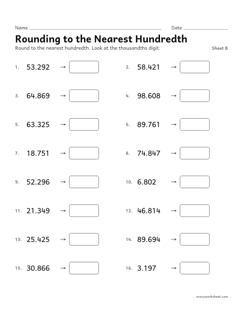 Preview of the printable “Rounding to the nearest Hundredth, sheet B” worksheet: rounding decimals to the nearest hundredth