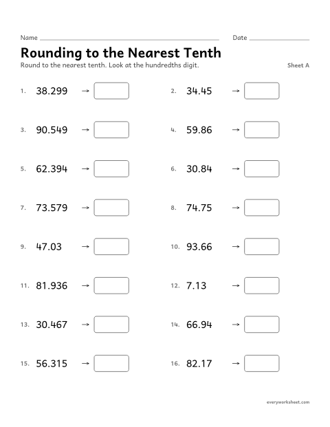 Preview of the printable “Rounding to the nearest Tenth, sheet A” worksheet: rounding decimals to the nearest tenth