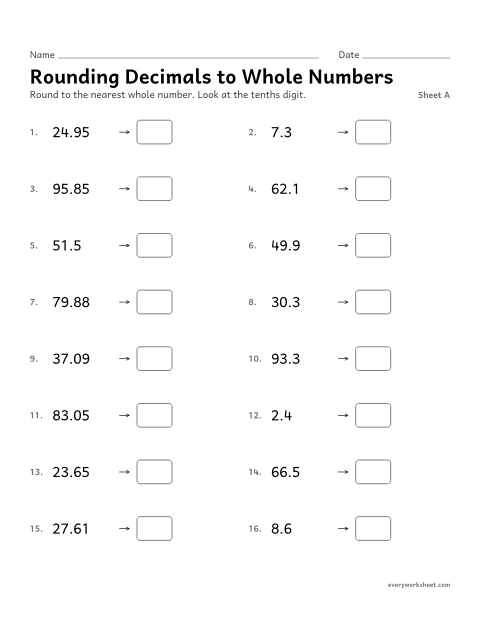 Preview of the printable “Rounding decimals to whole Numbers, sheet A” worksheet: rounding decimals to the nearest whole number