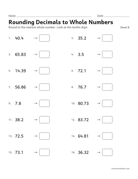 Preview of the printable “Rounding decimals to whole Numbers, sheet B” worksheet: rounding decimals to the nearest whole number